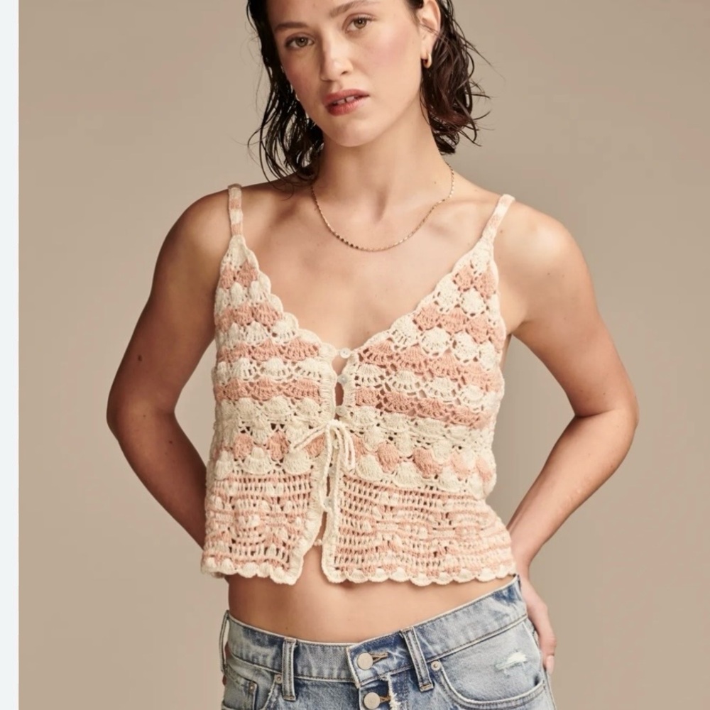 Lucky Brand Crochet Knit Tank Top Boho Cream & Peach Botton Front Size XL Women